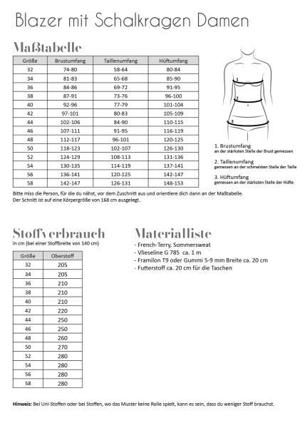 Papierschnittmuster Blazer mit Schalkragen, Fadenkäfer